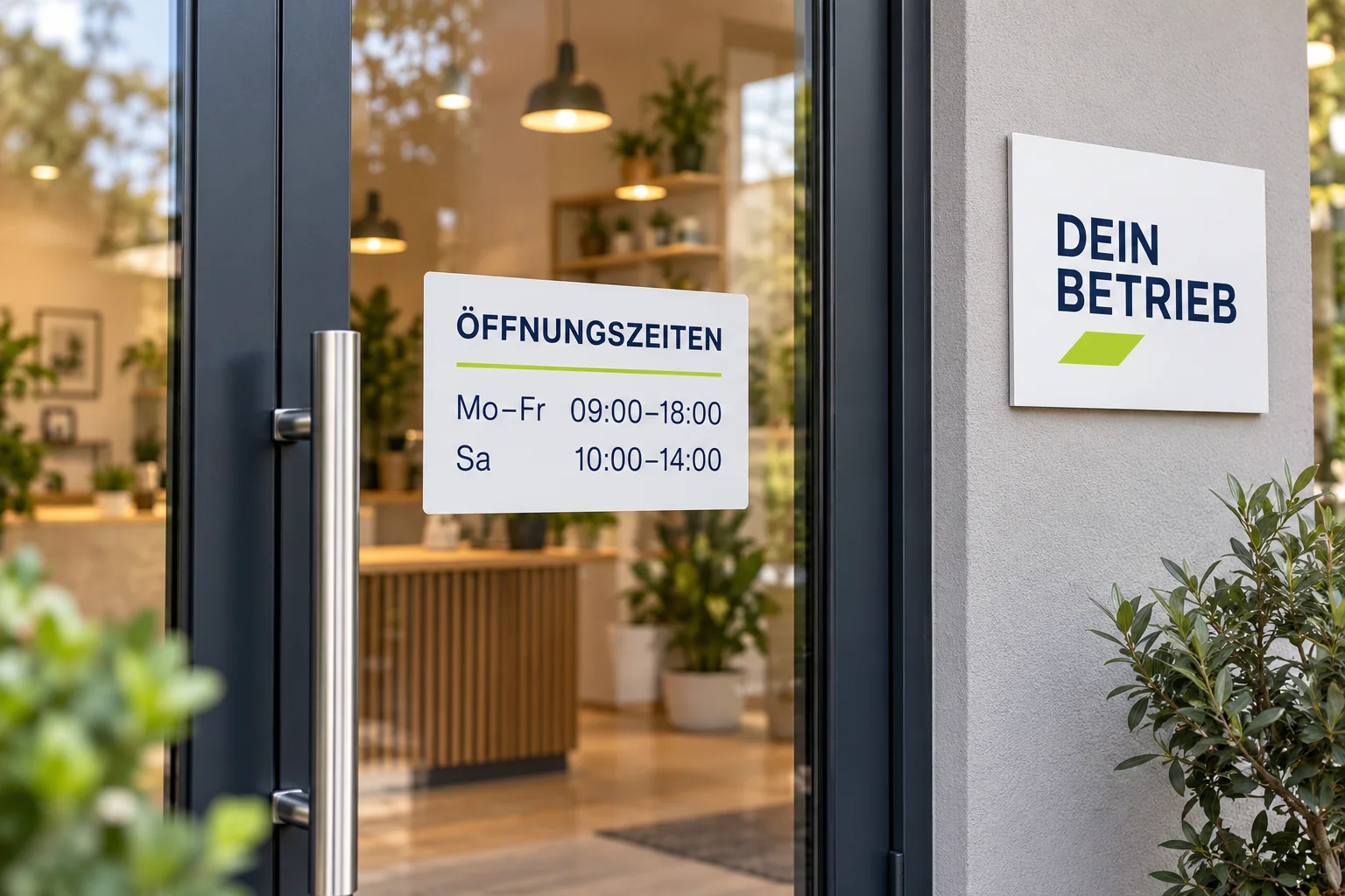 KI-Gestaltungsbeispiel: Öffnungszeiten-Aufkleber an einer Glastür und Firmenschild am Eingang